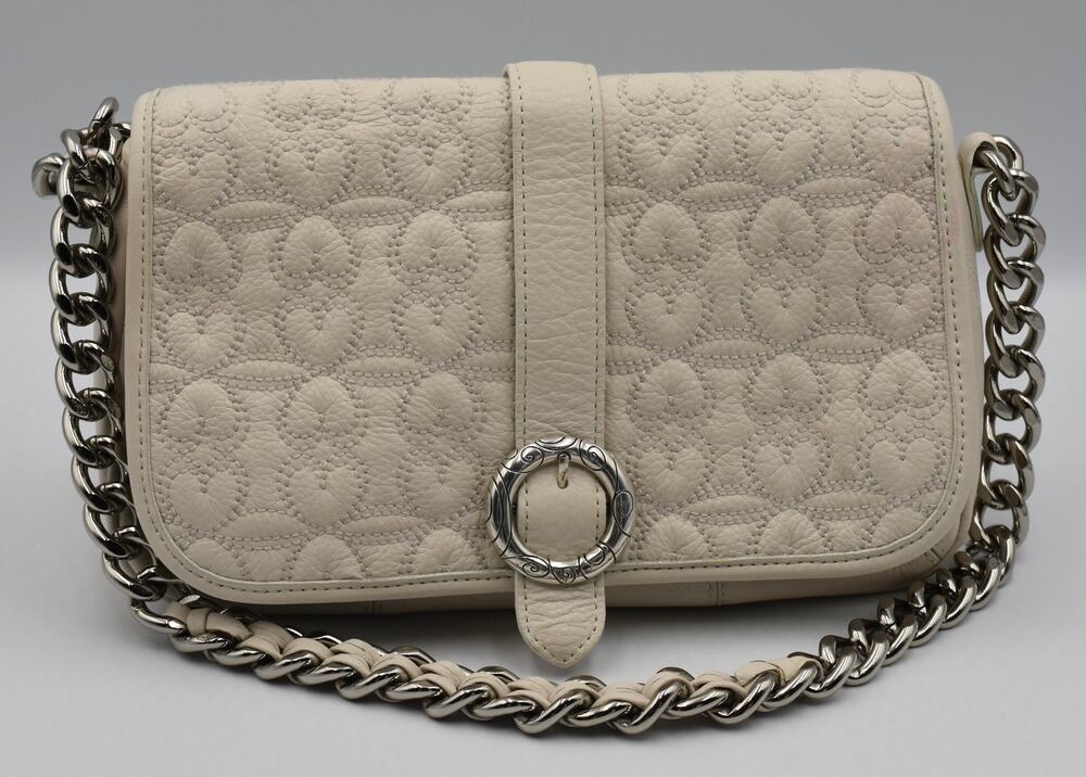 Brighton Pearl White Leather Quilted Heart Single Chain Shoulder Strap Bag